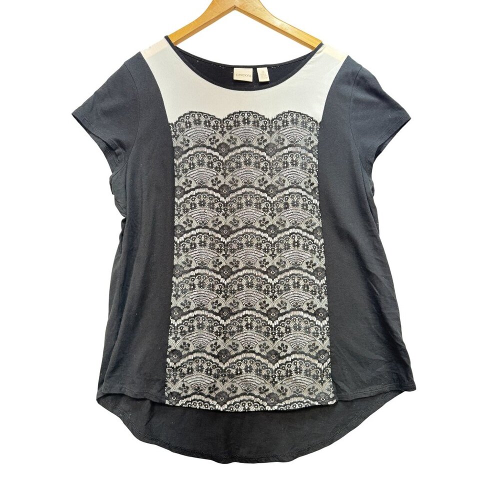 Chicos Womens Denise Lace Blouse Top Sze L Black Whit Short Sleeve High Low Boho